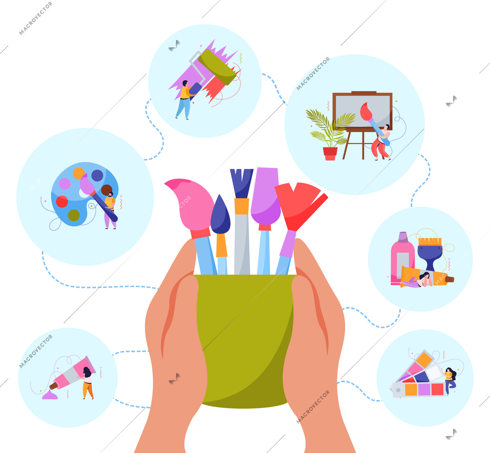 International artists day flat concept with human hands holding cup with brushes and round icons with paints vector illustration