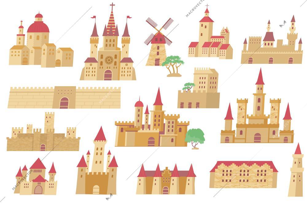 Medieval buildings set of flat isolated icons with city walls castles gates and temples with towers vector illustration