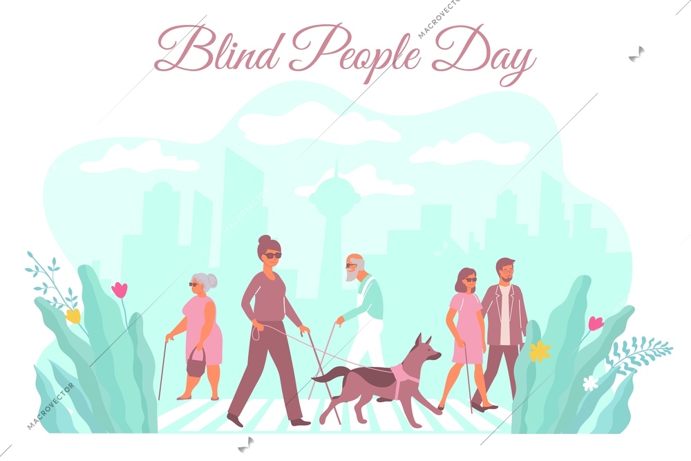 Blind people day card with composition of cityscape people walking with sticks dog and ornate text vector illustration