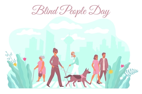 Blind people day card with composition of cityscape people walking with sticks dog and ornate text vector illustration