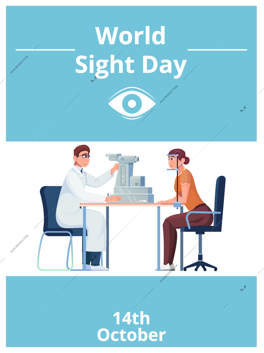 Ophthalmology day card flat composition with editable text eye sign and characters of doctor examining patient vector illustration