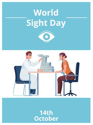 Ophthalmology day card flat composition with editable text eye sign and characters of doctor examining patient vector illustration