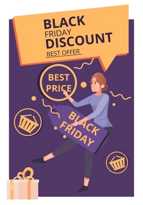 Black friday flat banner with set of shopping basket pictograms lines and woman with text bubble vector illustration