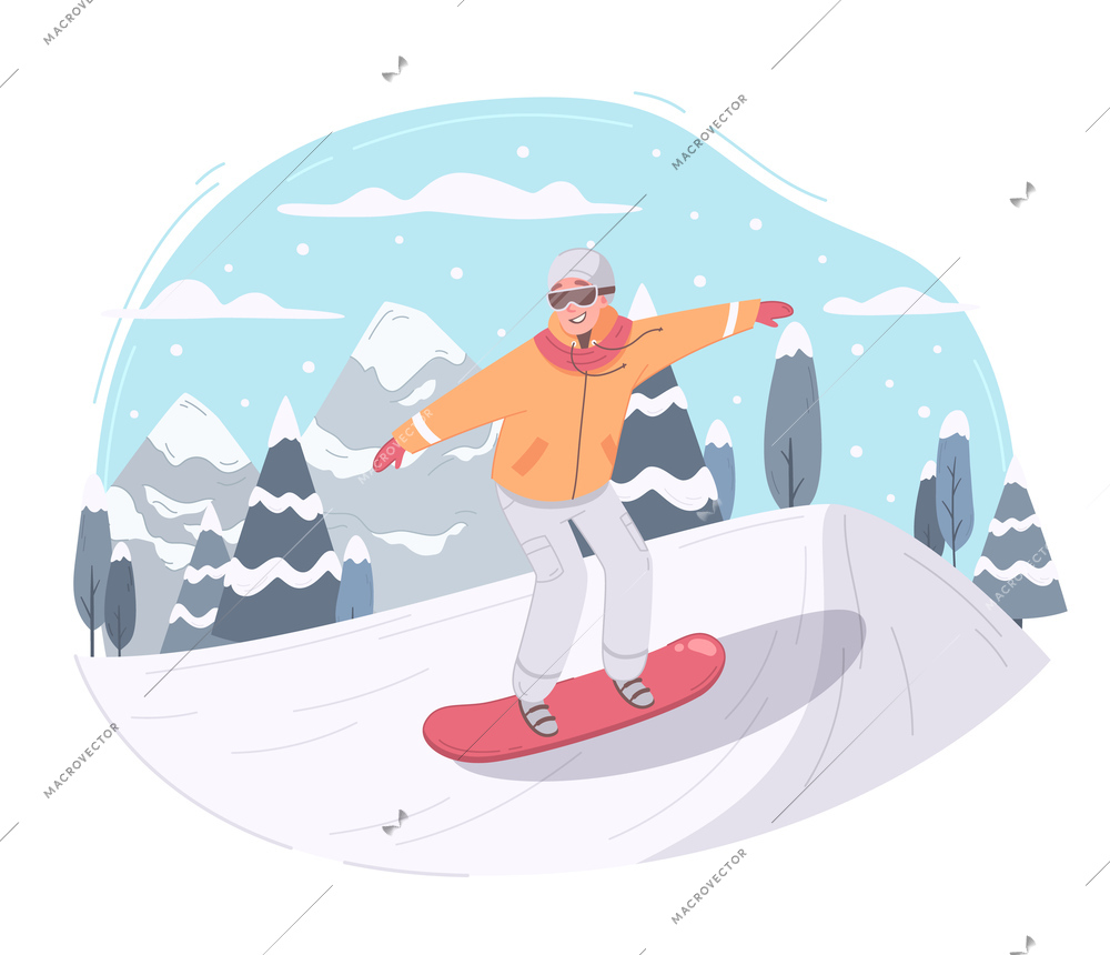 Winter sports leisure activity cartoon composition with human character of senior woman snowboarding on snowy mountains vector illustration