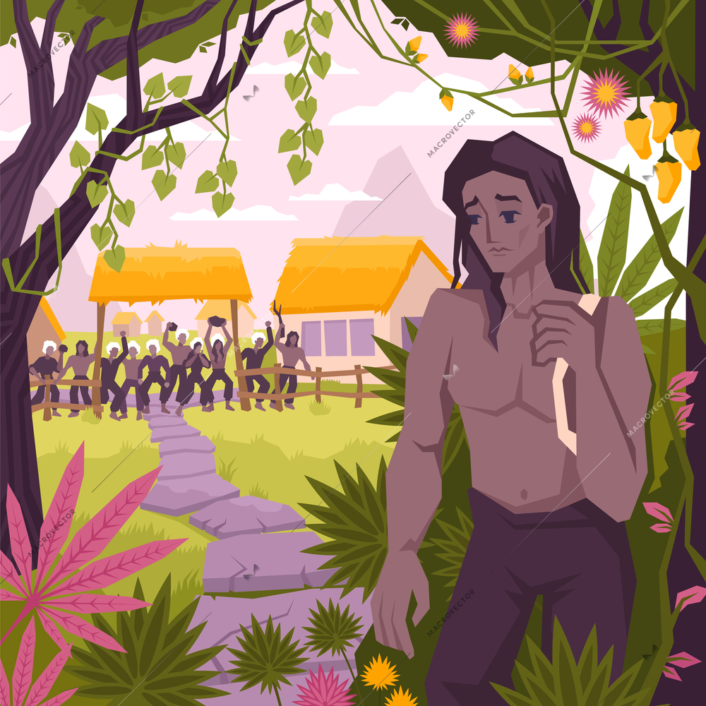 Mowgli coloring flat composition with the hero went into the jungle from his village vector illustration