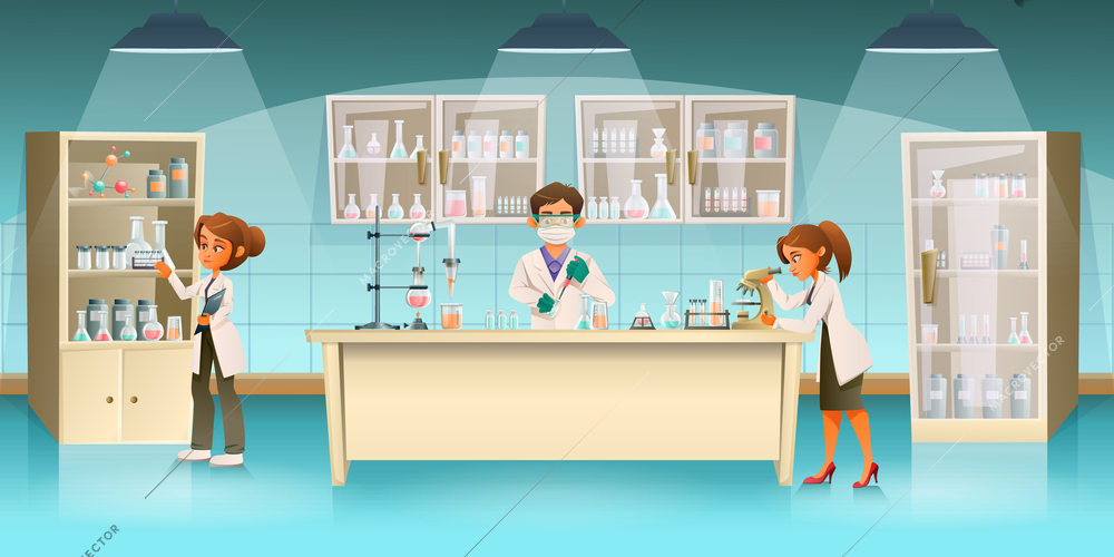 Scientists cartoon composition with view of laboratory interior with professional equipment furniture and people vector illustration