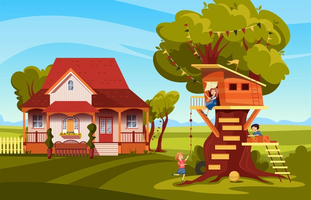 Children playing in tree wooden house with family cottage in rural location on background colorful vector illustration