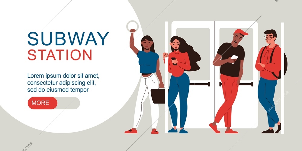 Flat subway station horizontal banner with four young people standing during ride in metro vector illustration