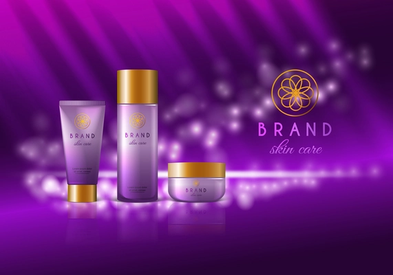 Luxury cosmetics gift set of body lotion shower gel hand cream violet sparkling background realistic vector illustration