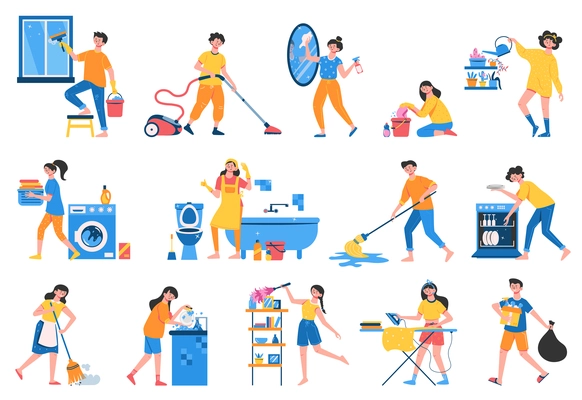 Isolated images of people cleaning their homes taking out the trash and washing their clothes flat vector illustration