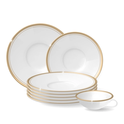 Composition of white plates and cup with gold rims of different sizes on a white background realistic vector illustration