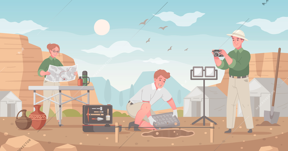 Archaeology cartoon composition with outdoor landscape and view of archaeological site with working people and tools vector illustration