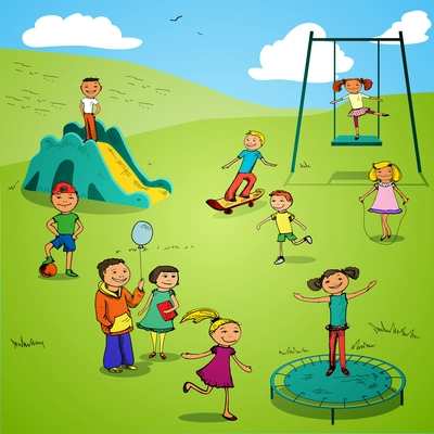 Children boys and girls sports colored sketch characters set on playground backdrop vector illustration