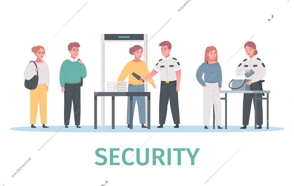 Security guard agency service cartoon composition with human characters walk through people scanner and luggage inspection vector illustration