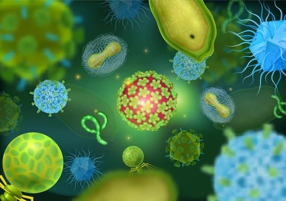 Realistic background with microscopic views of various colorful virus cells vector illustration