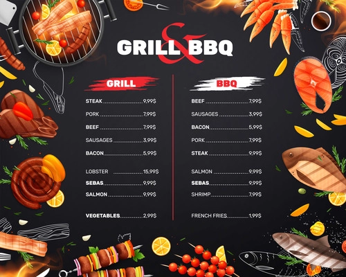 Bbq grill menu flat design with editable text surrounded by images of various dishes with meat vector illustration