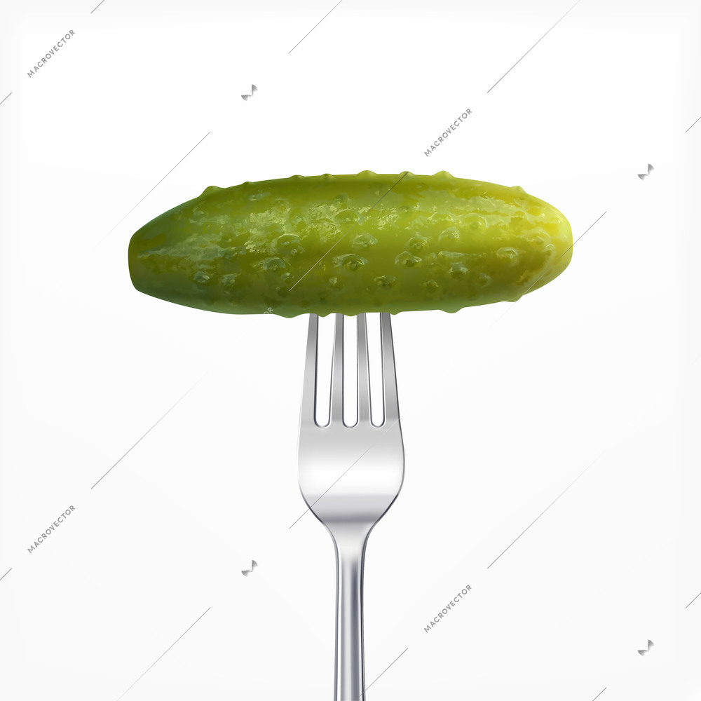 Cucumber on fork realistic composition with isolated image of fresh pickled cucumber on shiny silver fork vector illustration