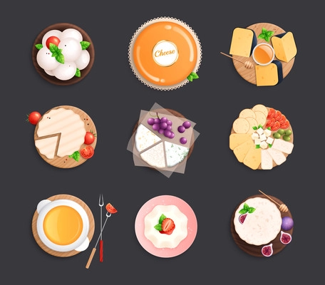 Set of isolated cheese icons with flat top view images of served dishes with gourmet cheese vector illustration