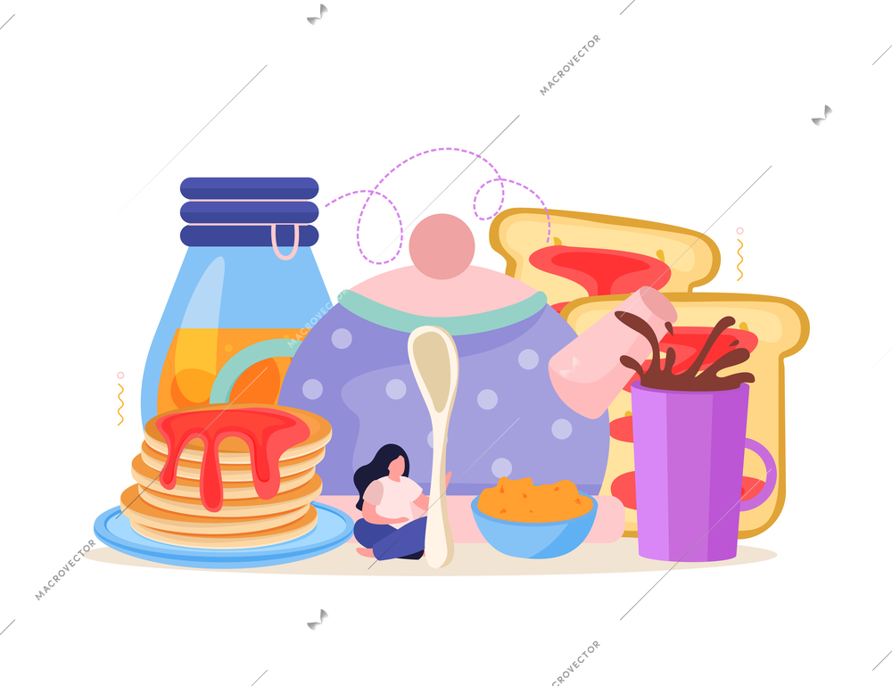 Jam production flat background with icons of toasts and pancakes with teapot and woman with spoon vector illustration