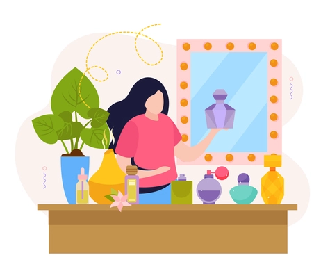 Perfume flat composition with female character in front of table with colorful jars with wall mirror vector illustration