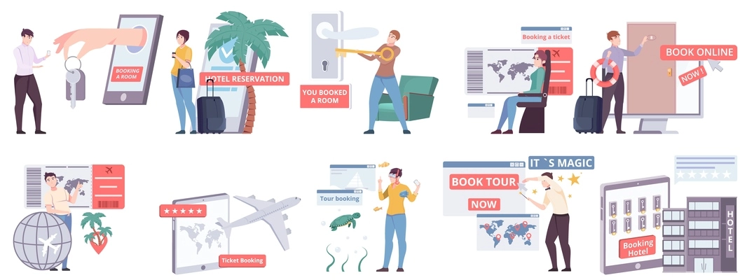 Book vacation trip set with flat isolated icons of gadgets world maps airplanes and human characters vector illustration