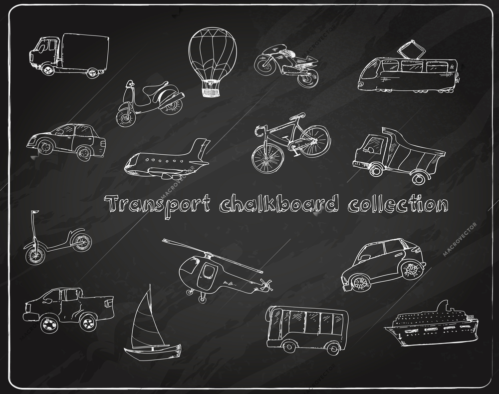 Transport doodle chalkboard decorative icons set with truck balloon bike tram isolated vector illustration