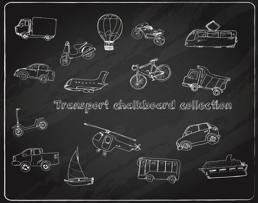 Transport doodle chalkboard decorative icons set with truck balloon bike tram isolated vector illustration