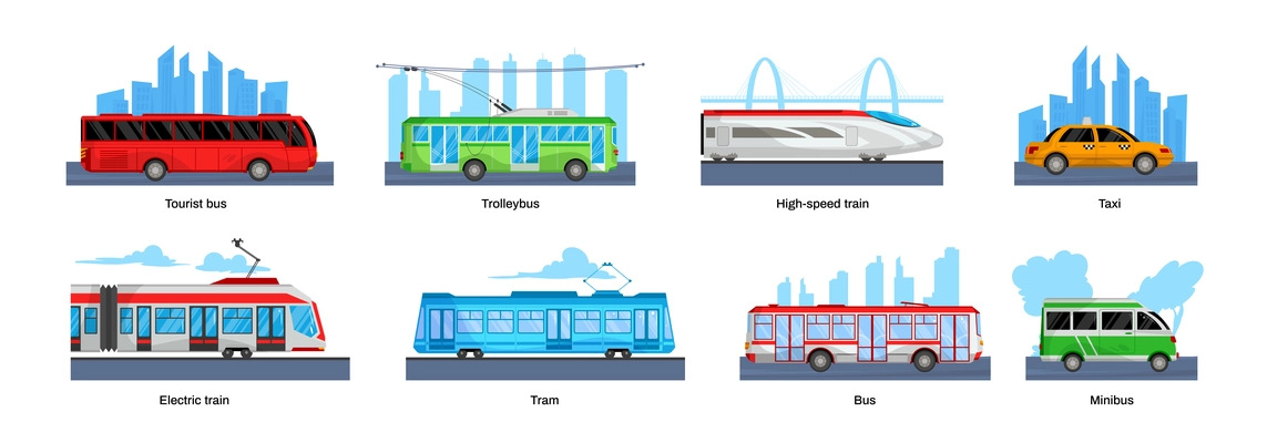 Public transport design concept set landscapes with tourist bus trolleybus high speed train taxi electric train tram and other transport vector illustration