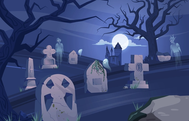 Cemetery gravestone halloween composition ancient cemetery at night ghosts float over the graves vector illustration