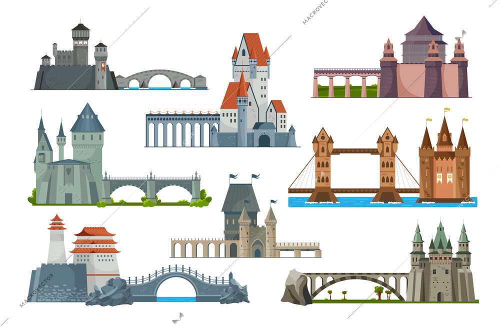 Bridges castle icon set with bridges serving as road to castle and for crossing the river or sea vector illustration