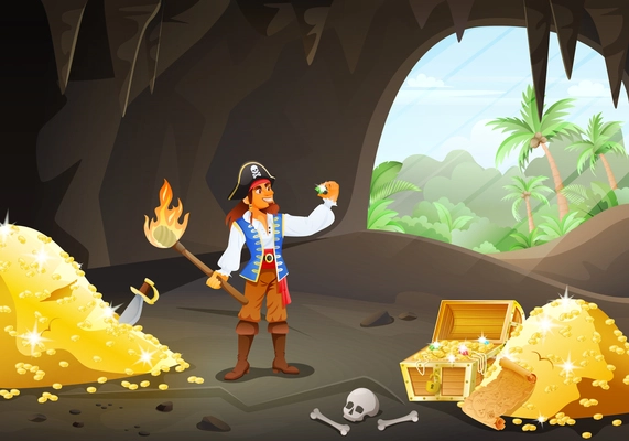 A pirate examines a jewel in a cave full of treasures on the island cartoon vector illustration