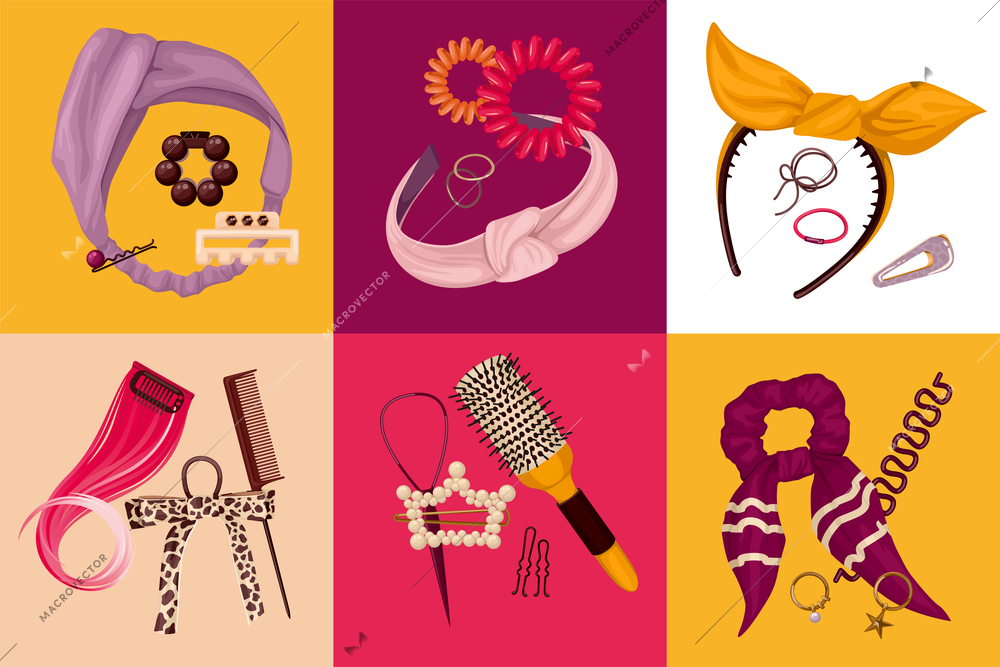 Hairdressers items design concept set of six square compositions with hair accessories and barber tools flat vector illustration