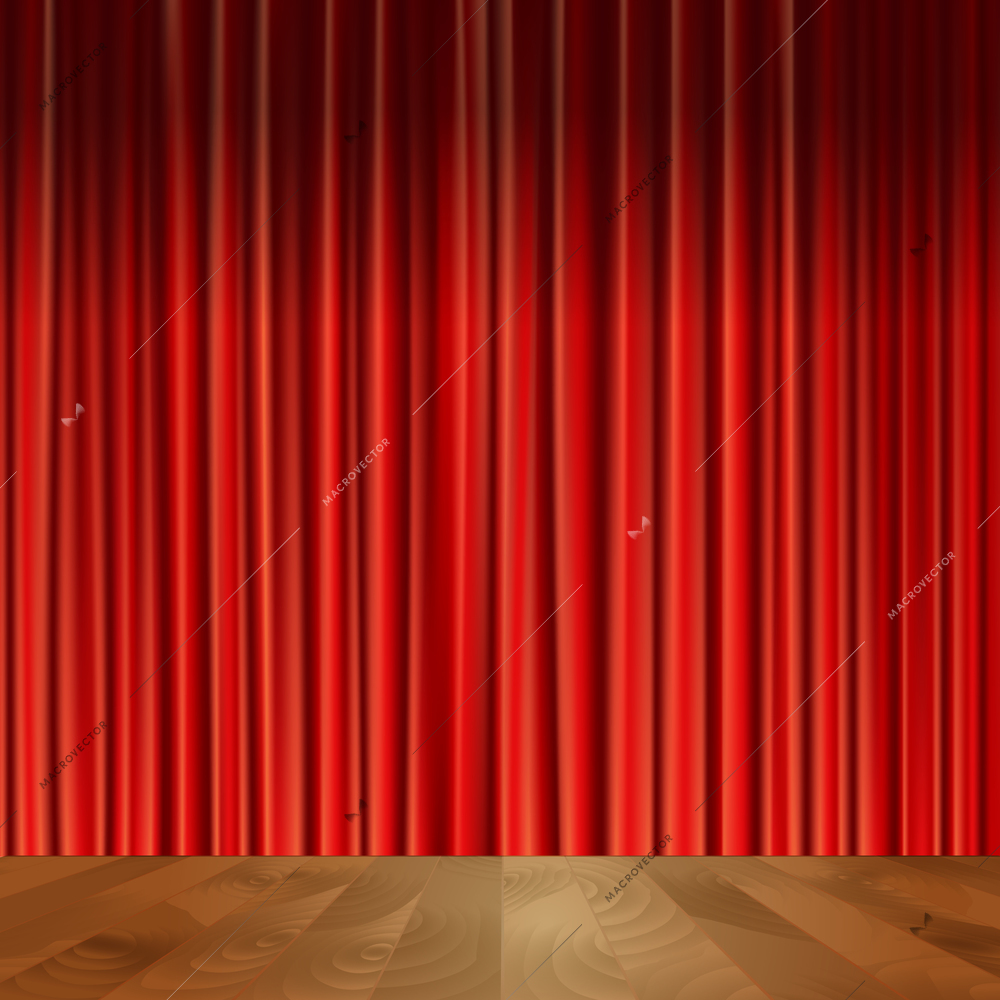 Theater stage scene with wooden floor red velvet vintage style curtain background vector illustration.