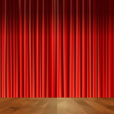 Theater stage scene with wooden floor red velvet vintage style curtain background vector illustration.