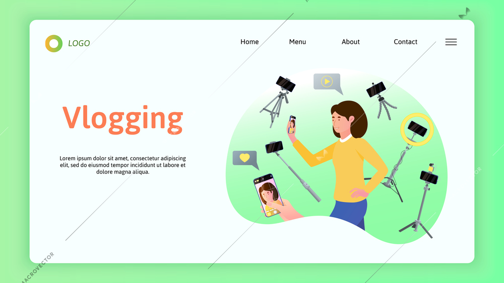 Vlog equipment phone shooting flat web site landing page with editable text links and female character vector illustration