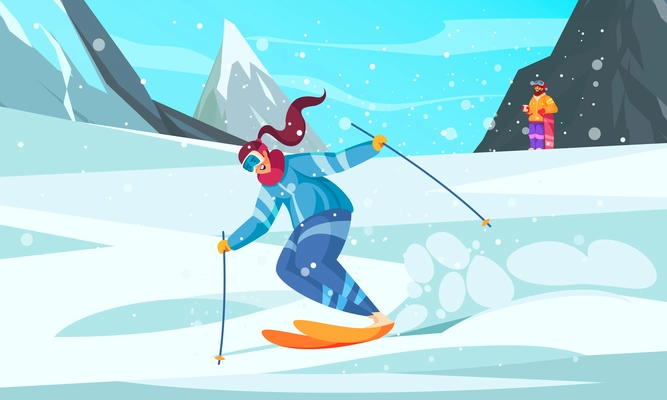 Winter alpine ski resort background cartoon composition young woman with long red hair skiing downhill vector illustration