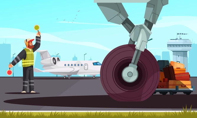 Airport airfield cartoon composition with marshaller signaling near aircraft landing gear wheel and luggage loader vector illustration