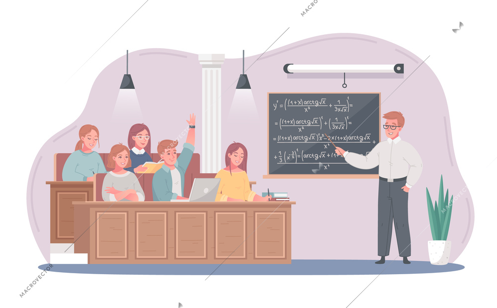 University college students math class activity with professor presenting formules on blackboard background cartoon composition vector illustration