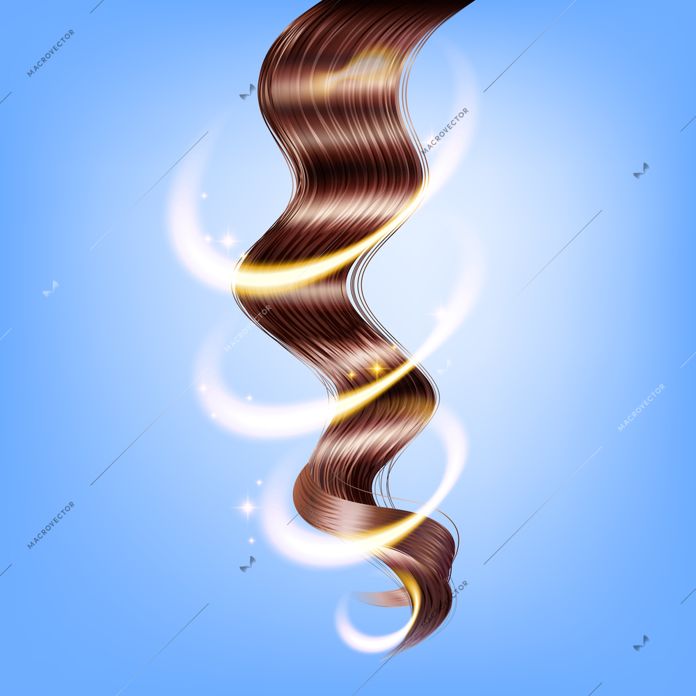 Realistic strand of curled shiny long healthy brown hair on blue background vector illustration