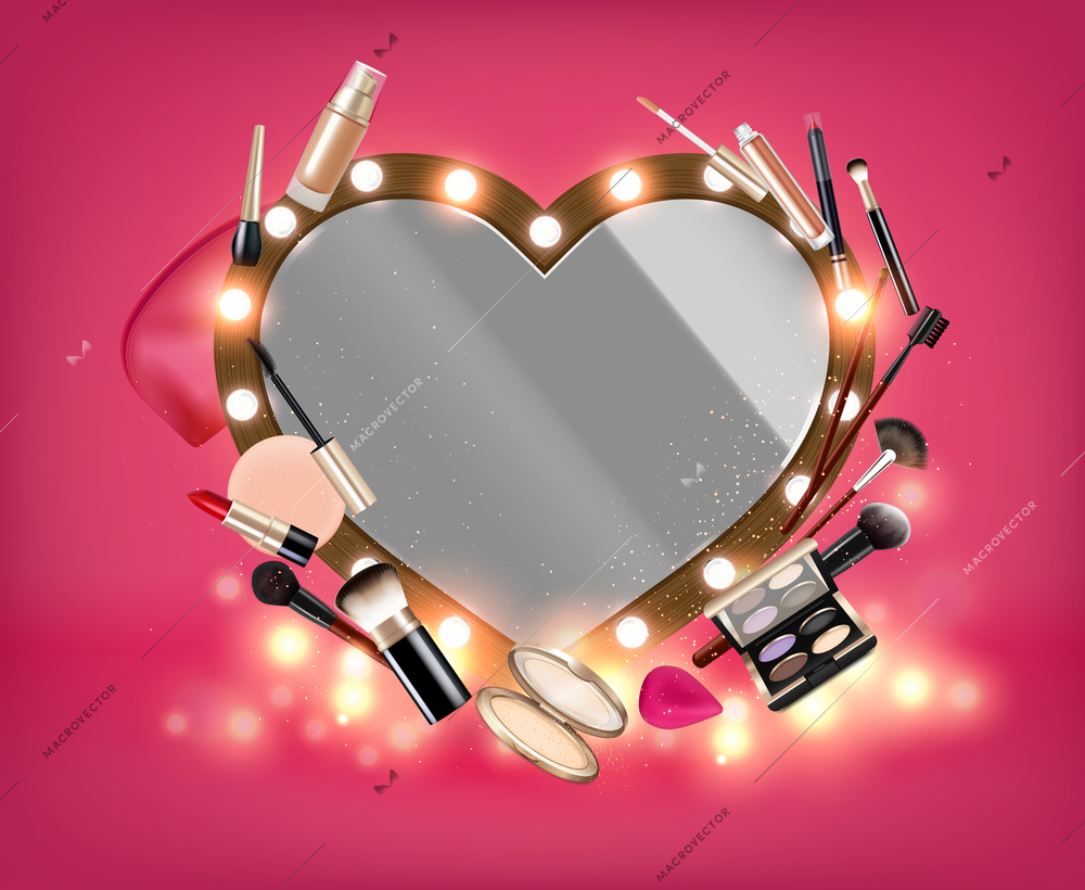 Makeup mirror with light bulbs on heart shaped frame and various cosmetic beauty products realistic composition on pink background vector illustration