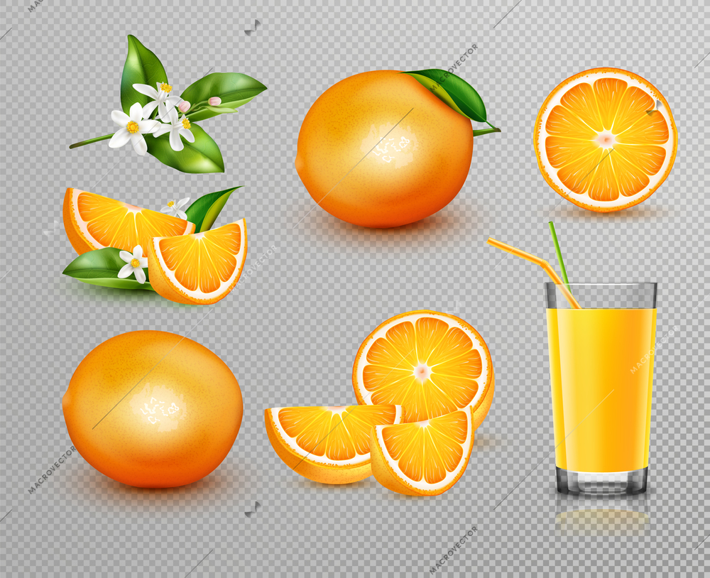 Realistic set with fresh whole and sliced oranges glass of juice and blooming tree branch isolated on transparent background vector illustration