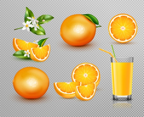 Realistic set with fresh whole and sliced oranges glass of juice and blooming tree branch isolated on transparent background vector illustration