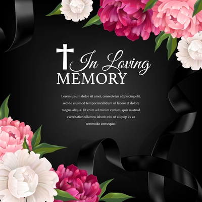 In loving memory background composition with flowers black ribbon and funeral cross with editable condolences text vector illustration