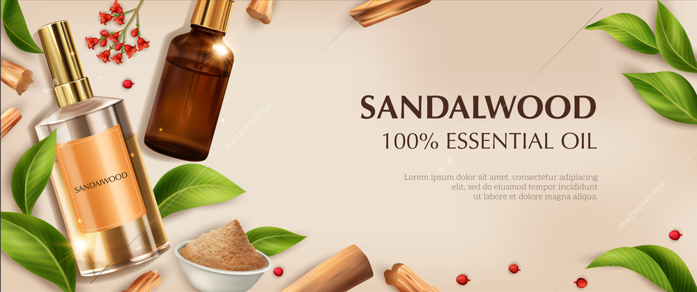 Realistic sandalwood horizontal composition with images of perfume oil vials powder ripe leaves and editable text vector illustration