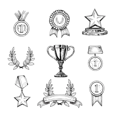 Award decorative sketch icons set of trophy medal winner prize champion cup isolated vector illustration