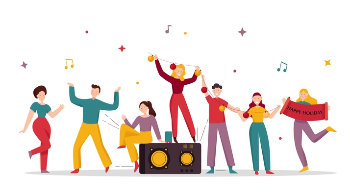 Funny people composition with cartoon human characters of festive girls and boys with boombox and placard vector illustration