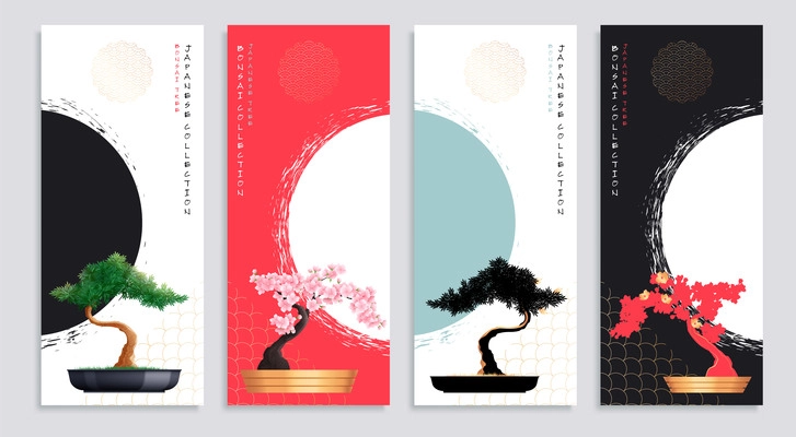 Flat set of four vertical banners with growing japanese bonsai trees isolated vector illustration