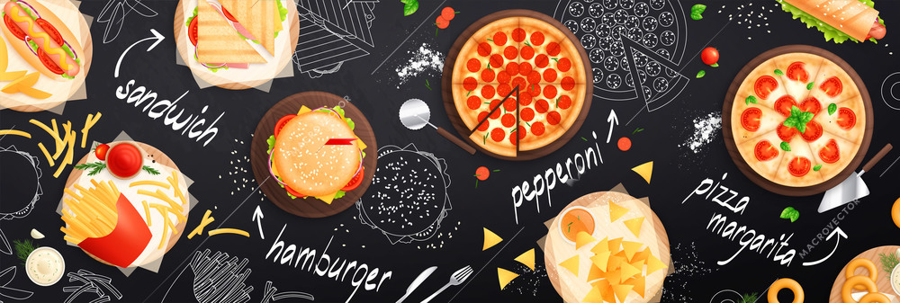 Flat fast food seamless pattern with pizza hamburger sandwich chips on black chalk board background vector illustration