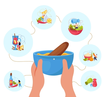 Spices flat background with human hands holding bowl with food and round icons with different condiments vector illustration