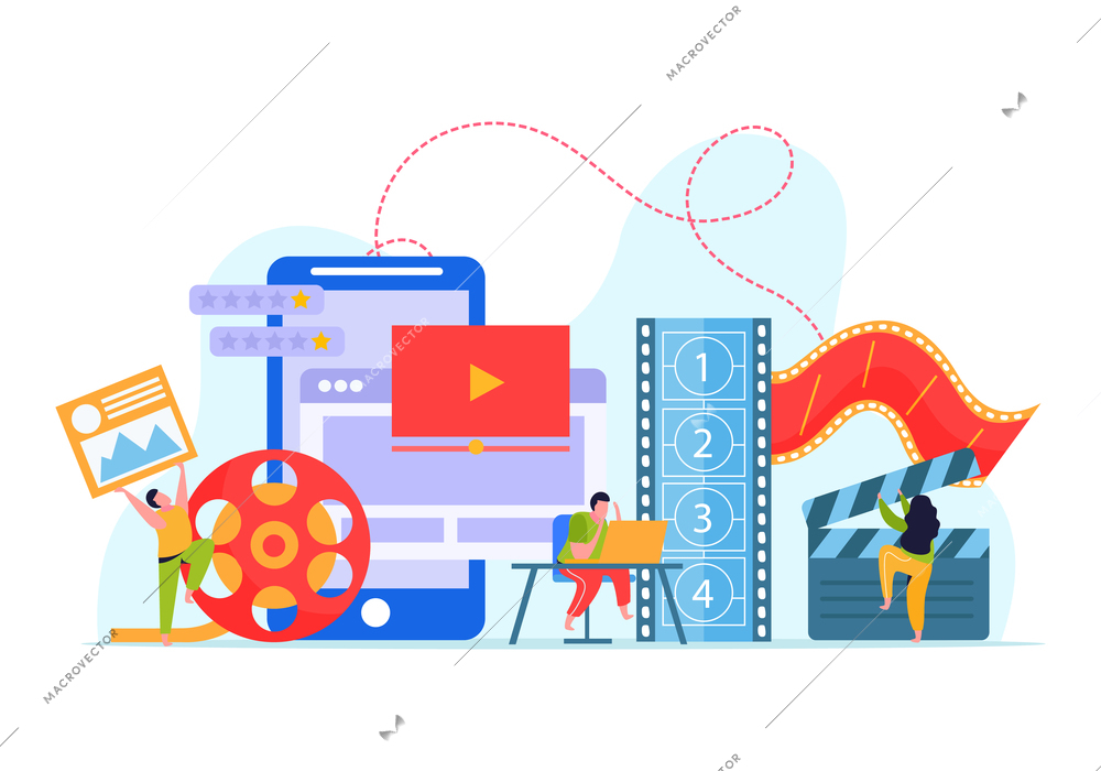 Animation and motion design flat background with team working on computer creating animated video vector illustration